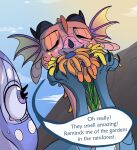 2020 ambiguous_gender anemone_(wof) bouquet claws dragon duo elllepie english_text european_mythology eyes_closed facial_horn feral finger_claws flower frill_(anatomy) hi_res holding_bouquet holding_flower holding_object horn long_neck looking_at_another membrane_(anatomy) membranous_frill mythological_creature mythological_scalie mythology nose_horn nose_spike plant rainwing_(wof) scalie seawing_(wof) snout speech_bubble tamarin_(wof) text western_dragon wings_of_fire