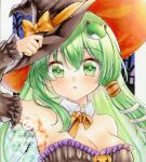  1girl alternate_costume black_hat blush breasts cleavage commentary_request detached_collar frog_hair_ornament green_eyes green_hair hair_ornament halloween halloween_costume hand_on_own_hat hat highres kochiya_sanae large_breasts long_hair looking_at_viewer nekofish666 open_mouth snake_hair_ornament solo touhou traditional_media twitter_username upper_body watermark 