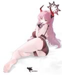  1girl absurdres ass barefoot black_gloves blue_archive bra breasts commentary_request fathertrex feet foot_focus foreshortening gehenna_academy_logo gloves highres horns large_breasts legs lingerie long_hair looking_at_viewer lying multicolored_horns on_side orange_eyes panties pink_hair presenting_foot red_bra red_horns red_panties satsuki_(blue_archive) soles solo thigh_strap thighs toes two-tone_horns underwear very_long_hair 