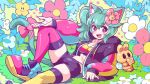  1girl ahoge animal_ear_fluff animal_ears asymmetrical_legwear black_jacket black_shorts blush blush_stickers bow breasts cat_ears cat_girl cat_tail cleavage closed_mouth commission flower flower_in_eye full_body grass green_hair hair_between_eyes hair_flower hair_ornament holding holding_flower honeybun_(rosedoodle) hood hood_down hooded_jacket insect_wings jacket leaf long_hair long_sleeves midriff mismatched_legwear mismatched_thighhighs multicolored_shoes open_clothes open_jacket open_mouth pink_bow pink_flower pink_thighhighs plant purple_eyes rosedoodle_(vtuber) second-party_source shorts side_ponytail skeb_commission smile symbol_in_eye tail tail_bow tail_ornament teeth thighhighs upper_teeth_only vchiban virtual_youtuber white_flower wings yellow_thighhighs yumi_423 