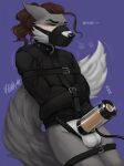 after_orgasm anthro balls bdsm bdsm_collar bdsm_gear belt belt_buckle black_nose black_straitjacket blush bodily_fluids bound brown_hair buckle canid canine canis cheek_tuft collar cord cum cum_on_balls d-ring dalian_(sentharn) ears_down eyes_closed facial_tuft fur gag gagged genital_fluids genitals grey_body grey_fur hair hi_res junkieboi leaking leaking_cum legs_together machine male mammal milking_machine muzzle_(object) muzzled onomatopoeia overstimulation penile penis penis_milking penis_milking_machine pivoted_ears ponytail restraints solo sound_effects straitjacket straps submissive submissive_male sweat sweatdrop tail tail_motion tailwag text tuft whining wolf