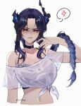  1girl absurdres anger_vein asymmetrical_horns bikini bikini_top_under_shirt bikini_under_clothes black_bikini black_choker black_hair black_horns blue_hair braid braided_ponytail breasts choker cleavage commentary crop_top curtained_hair english_commentary flower frilled_bikini frills hands_up highres hololive hololive_english horn_flower horns keisea large_breasts long_hair looking_at_viewer low_ponytail mole mole_under_eye navel nerissa_ravencroft nerissa_ravencroft_(summer) official_alternate_costume official_alternate_hairstyle ponytail see-through_clothes see-through_shirt shaded_face shirt simple_background solo spoken_anger_vein stomach swimsuit t-shirt tied_shirt uneven_horns upper_body virtual_youtuber white_background white_shirt 