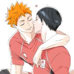  2boys black_hair closed_eyes commentary_request face-to-face haikyuu!! heart hinata_shouyou imminent_kiss kageyama_tobio knee_pads male_focus multiple_boys orange_hair oseo short_hair simple_background sportswear volleyball_uniform white_background yaoi 