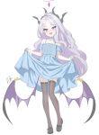  1girl :d absurdres ahoge alternate_costume bilingual_commentary black_horns black_thighhighs blue_archive blue_dress blush breasts commentary copyright_name demon_girl demon_horns demon_wings dress english_commentary hair_ornament hairclip halo highres hina_(blue_archive) holding_own_dress horns long_hair looking_at_viewer low_wings mixed-language_commentary multiple_horns parallel_hairclips parted_bangs purple_eyes purple_wings runarie simple_background small_breasts smile solo thighhighs white_background white_hair wings 