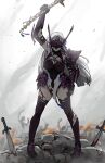  1girl absurdres arm_up armor battlefield black_thighhighs blood blood_on_clothes breasts commentary daydarion english_commentary expressionless eye_mask fire full_body gauntlets highres holding holding_sword holding_weapon injury large_breasts leg_injury long_hair mask nagimaki nijisanji nijisanji_en pauldrons shoulder_armor smoke solo_focus sword thighhighs torn_clothes torn_thighhighs vambraces victoria_brightshield virtual_youtuber weapon white_hair 