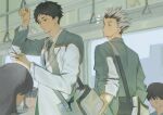  1012psp 2boys akaashi_keiji bag black_hair blue_necktie blush bokuto_koutarou cellphone closed_mouth commentary_request dress_shirt duffel_bag earphones faceless faceless_female faceless_male grey_hair haikyuu!! hand_grip highres holding_hand_grip looking_at_another male_focus multiple_boys necktie phone school_uniform shirt slit_pupils smartphone suit train_interior white_shirt yellow_eyes 