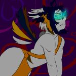 1:1 ambiguous_gender anthro begging blonde_hair desperation fluffy fluffy_hair hair head_feathers hi_res holographic_visor humanoid hybrid in_heat medic_rondills medical_wings navy_blue_hair neon_visor new_design personal_art solo white_body