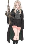  1girl :| absurdres assault_rifle black_robe black_skirt black_socks blonde_hair breasts cimol95 closed_mouth collared_shirt colt_commando commentary curtained_hair diagonal-striped_clothes diagonal-striped_necktie english_commentary genderswap genderswap_(mtf) green_eyes green_necktie green_robe grey_sweater_vest gun hand_up harry_potter_(series) highres hogwarts_school_uniform holding holding_gun holding_weapon hood hood_down long_hair long_sleeves looking_at_viewer malfoid name_connection necktie parted_bangs pleated_skirt rifle robe school_uniform shirt simple_background skirt small_breasts socks solo striped_clothes striped_necktie sweater_vest thighs two-sided_fabric two-sided_robe two-tone_robe weapon white_background white_shirt wide_sleeves wizarding_world 