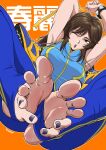  1girl absurdres arms_up artist_name barefoot black_nails bracelet breasts brown_eyes brown_hair chinese_clothes chun-li commentary dress english_commentary feet foot_focus hair_down highres jewelry large_breasts long_hair one_eye_closed qipao shoes shoes_around_neck shukeiart sneakers stirrup_legwear street_fighter sweat toeless_legwear toes 