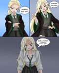  1girl age_progression blonde_hair commentary diagonal-striped_clothes diagonal-striped_necktie earrings english_commentary english_text genderswap genderswap_(mtf) green_eyes green_necktie harry_potter_(series) highres hogwarts_school_uniform hoop_earrings jewelry long_hair looking_at_viewer makeup malfoid meme necktie oranyaa robe runny_makeup scared_potter?_(meme) school_uniform shirt striped_clothes striped_necktie white_shirt wizarding_world 