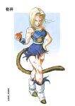  1girl absurdres android_18 arii_me05 artist_name blonde_hair blue_bodysuit bodysuit breasts dragon_ball dragon_ball_z food fruit highres holding holding_food holding_fruit large_breasts monkey_tail muscular muscular_female saiyan saiyan_armor short_hair signature solo tail torn_clothes twitter_username 