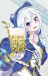  1girl alcohol beer beer_mug blurry blurry_foreground blush commentary_request cup dress eris_(konosuba) frilled_dress frills hand_on_own_hip highres holding holding_cup kono_subarashii_sekai_ni_shukufuku_wo! looking_at_viewer mug nazonaji nun nun_headdress purple_eyes smile teeth upper_teeth_only white_hair 