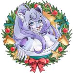 1:1 alpha_channel anthro aurora_(snowrora) big_breasts blue_eyes breasts christmas christmas_decorations chrysanthemummy clothing felid female fur hair hi_res highlights_(coloring) holidays looking_at_viewer mammal multicolored_body multicolored_fur multicolored_hair neck_tuft pantherine purple_highlights snow_leopard solo topwear tuft wreath