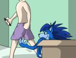 2013 4_fingers animate_inanimate athletic athletic_human athletic_male biped blue_body blue_fur blue_hair box boxers_(clothing) cardboard cardboard_box cel_shading cellphone cheek_tuft clothed clothing comic container costume digital_media_(artwork) dipstick_fingers duo electronics eulipotyphlan facial_tuft fingers fist fox0808 fur fur_hair fursuit green_eyes grey_nose hair hedgehog holding_cellphone holding_object holding_phone holding_smartphone human imminent_transformation inside living_clothing living_costume living_fursuit male mammal mane motion_lines multicolored_body multicolored_fur oblivious phone shaded slim smaller_version_at_source smartphone smile snout spiky_mane tuft underwear underwear_only walking zing_(character)