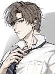  1boy adjusting_clothes adjusting_necktie artem_wing_(tears_of_themis) blue_eyes brown_hair closed_mouth collared_shirt commentary diagonal-striped_clothes diagonal-striped_necktie dress_shirt emjiajia grey_background hand_up highres male_focus necktie parted_bangs shirt solo striped_clothes striped_necktie tears_of_themis thick_eyebrows two-tone_background upper_body white_background white_shirt 