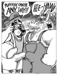 animal_mask anthro asinus baseball_cap bdsm beard billy_fore boots canid canine canis clothing comic dialogue donkey duffel_bag duo english_text equid equine facial_hair footwear hat headgear headwear hi_res male mammal mask monochrome muscular overalls petplay pup_mask puppyplay roleplay shoes stubble text thad_notos wolf