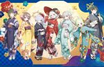  6+girls ahoge bag black_gloves black_kimono blonde_hair blue_archive bow braid brown_hair brown_halo closed_eyes eri_(blue_archive) fingerless_gloves floral_print floral_print_kimono flower furisode fuyu_(blue_archive) gloves green_eyes green_hair green_halo green_kimono grey_hair grey_kimono hair_bow hair_flower hair_ornament hair_over_one_eye hairband halo handbag hat highres japanese_clothes kanoe_(blue_archive) kimono leaning_forward long_hair long_sleeves looking_at_viewer miyo_(blue_archive) multicolored_eyes multicolored_hair multiple_girls obi official_art open_mouth orange_eyes pouch print_kimono purple_eyes purple_kimono red_kimono rena_(blue_archive) ritsu_(blue_archive) sandals sash short_hair streaked_hair tabi tsumugi_(blue_archive) two-tone_eyes white_hair whoisshe wide_sleeves witch_hat yellow_eyes yellow_kimono zouri 