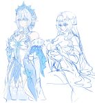  1boy 1girl agwijjim0228 anastasya_feodorovna_snezhnaya arms_at_sides bare_shoulders blue_theme breastfeeding breasts brooch carrying child_carry circlet cleavage closed_mouth collarbone commentary_request detached_collar detached_sleeves dress elbow_gloves fur_sleeves genshin_impact gloves hair_down hair_intakes hat highres jewelry kokoshnik korean_commentary korean_text large_breasts light_smile long_hair long_sidelocks looking_at_another monochrome mother_and_child mother_and_son multiple_views official_alternate_hairstyle parent_and_child pointy_ears ringlets short_dress short_hair short_hair_with_long_locks showgirl_skirt sidelocks sketch split_mouth strapless strapless_dress thighhighs translation_request tsaritsa's_son_(genshin_impact) tsurime variations very_long_hair white_background 