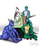 absurd_res amplifier animal_humanoid band bassist dragon drummer electronics european_mythology group group_photo guitar guitarist hi_res humanoid hybrid lizard looking_at_another looking_down microphone microphone_stand microphone_wire musical_instrument mythological_creature mythological_scalie mythology plucked_string_instrument reptile scalie scalie_humanoid singer sitting sitting_on_ground smile smiling_at_another sodifox standing string_instrument western_dragon wire
