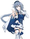  1girl beret blue_eyes blue_hat blue_necktie blue_shirt boots breasts closed_mouth commentary_request cropped_jacket elbow_gloves erubou_hyv floating_hair fold-over_boots fu_hua gloves grey_hair hair_between_eyes hat honkai_(series) honkai_impact_3rd jacket lace-up_boots long_hair mini_hat necktie open_clothes open_jacket see-through_clothes shirt shorts simple_background single_glove small_breasts smile solo very_long_hair white_background white_boots white_gloves white_jacket white_shorts wrist_cuffs 