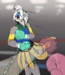 anthro athletic athletic_anthro athletic_male avian azure_cristatus bird bottomwear boxer_briefs boxer_briefs_only boxers_(clothing) boxing boxing_gloves boxing_gloves_only chamma_retsuden clothed clothing dodging duo femboy fight first_person_view galliform handwear handwear_only hi_res looking_at_viewer male male_pov mostly_nude peafowl phasianid shirtless shorts sport topless underwear underwear_only