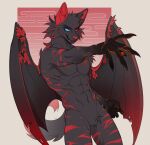 2022 5_fingers abs absurd_res anthro athletic athletic_anthro athletic_male black_body black_fur black_wings blue_eyes brg9u canid canine cheek_tuft claws colored digital_drawing_(artwork) digital_media_(artwork) dragon facial_tuft fangs featureless_crotch fingers fur grey_body grey_fur heterochromia hi_res hybrid male male_anthro mammal markings membrane_(anatomy) membranous_wings mythological_creature mythological_scalie mythology nude pecs portrait red_eyes red_inner_ear red_markings red_nose red_wings scalie shaded simple_background snout solo spread_wings standing tail teeth tuft wings