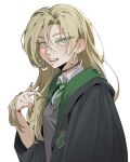  1girl black_choker black_robe blonde_hair blush breasts cheshirrr choker colored_eyelashes commentary curtained_hair diagonal-striped_clothes diagonal-striped_necktie earrings english_commentary fangs fingernails genderswap genderswap_(mtf) green_eyes green_nails green_necktie green_robe grey_sweater hand_in_own_hair harry_potter_(series) highres hogwarts_school_uniform hoop_earrings jewelry long_fingernails long_hair long_sleeves looking_at_viewer malfoid necktie open_mouth ringed_eyes robe school_uniform sharp_fingernails shirt simple_background slytherin small_breasts smile solo striped_clothes striped_necktie sweater teeth textless_version two-sided_fabric two-sided_robe upper_teeth_only variant_set white_background white_shirt wide_sleeves wizarding_world 