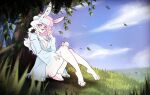 :3 absurd_res alternative_fashion anthro blindfold blue_eyes blue_nightgown butt clothing cloud domestic_pet eyemask eyewear female field freckles fur goth grass greenery hair hi_res just_teru lagomorph leporid mammal mask murid murine nightgown paws piercing pink_hair plant rabbit rat rodent sleep_mask smile solo tired tree underwear white_body white_fur white_hair wind