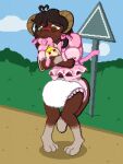 abdl anthro big_diaper blue_sky blush brown_body brown_hair clean_diaper clothed clothing cloud cloudy_sky crossed_arms diaper digital_media_(artwork) dipstick_tail dress embarrassed exposed_diaper feet femboy grass grey_feet grey_hands grey_tail_tip hair handwear heart_blush heart_on_cheek heart_pacifier heterochromia hi_res holding_object holding_plushie horn humiliation knock-kneed leash leashed_to_pole looking_down male markings mittens outside pantsless pantsless_anthro pantsless_male park pink_clothing pink_diaper_fastener pink_diaper_frills pink_dress pink_hair_ribbon pink_handwear pink_mittens pink_outfit pink_pacifier pink_ribbon pixel_(artwork) pixxystick plant plushie public public_humiliation ruetheniel_keen sky solo standing tail tail_between_legs tail_down tail_markings tied_to_pole white_diaper