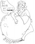 anthro belly big_belly bloated blorp breasts claws clothed clothing digestion digestion_noises ears_up english_text felid female female_pred gurgle_(sound_effect) hair hand_imprint hand_on_belly hi_res imprint lion looking_at_belly lying_on_ground mammal monochrome nadine_(warlus) navel on_ground open_clothing open_shirt open_topwear pantherine rumbling same_size_vore shirt text tongue topwear unseen_prey vore warlus