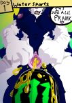 absurd_res anthro big_breasts black_lipstick blue_body blue_fur blue_hair bodily_fluids breasts digital_drawing_(artwork) digital_media_(artwork) domestic_cat dominant dominant_female drooling english_text felid feline felis female fur genital_fluids genital_focus genitals hair hi_res jpchops kinktober kinktober_2026 lipstick looking_down makeup mammal melrose_soteira messy monster_energy nipples piercing pink_vulva pissing_in_drink prank saliva scar smile solo speech_bubble spread_vulva spreading standing text thick_thighs urine vulva vulva_focus watersports white_body