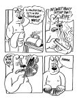 3:4 anthro billy_fore bodily_fluids canid canine canis clothing comic dialogue domestic_dog duffel_bag english_text hi_res male mammal marty_martin monochrome musk nude overweight overweight_male smelly stink_fumes sweat text underwear
