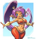  1girl :d ;d absurdly_long_hair arabian_clothes artist_name bandeau big_hair blue_background blue_eyes blue_pupils border breasts bright_pupils circlet cleavage commentary cowboy_shot dark-skinned_female dark_skin dot_nose earrings english_commentary gold_bracer gold_circlet gold_earrings gradient_background harem_pants high_ponytail highres hoop_earrings jewelry just_dreamo large_breasts long_hair long_pointy_ears looking_at_viewer navel o-ring o-ring_top one_eye_closed outline outside_border outstretched_arms pants pointy_ears ponytail purple_hair red_bandeau red_pants shantae shantae_(series) shiny_skin sidelocks simple_background skindentation smile solo split_mouth standing stomach twitter_username very_long_hair white_border white_outline 