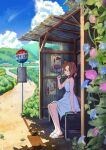  1girl absurdres animal_ears bare_shoulders blue_sky blush brown_hair bus_stop_shelter bus_stop_sign cloud clover_hair_ornament commentary_request day dress fine_motion_(umamusume) flower food food_in_mouth green_eyes hair_between_eyes hair_bun hair_ornament highres holding holding_food holding_popsicle horse_ears horse_girl horse_tail ikaashi_you melting_popsicle multicolored_hair outdoors popsicle popsicle_in_mouth poster_(object) sandals sitting sky sleeveless sleeveless_dress solo tail umamusume white_dress white_hair 