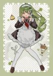  1girl :d =_= absurdres alternate_costume apron black_dress black_sailor_collar border cherry chinese_commentary clover commentary_request dress enmaided facing_viewer food fork four-leaf_clover frog_hair_ornament fruit full_body green_border green_hair hair_ornament hair_tubes highres iwakoo knife kochiya_sanae loafers long_hair long_sleeves maid maid_headdress neckerchief open_mouth pantyhose parfait pudding red_neckerchief sailor_collar shoes single_hair_tube smile snake_hair_ornament solo strawberry touhou wafer_stick white_apron white_pantyhose 