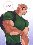 absurd_res anthro backpack bamiroon biceps big_muscles big_pecs blush bodily_fluids broad_shoulders clothed clothing eyewear flustered glasses hi_res huge_pecs male male/male muscular nervous pecs shirt solo sweat topwear