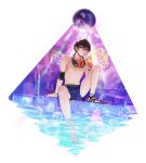  1boy absurdres black_eyes black_hair blue_shorts bottle bubble closers cup disco_ball drinking drinking_straw elbow_pads full_body headphones headphones_around_neck highres holding holding_cup leg_up male_focus navel neon_lights official_art pool pool_ladder poolside rubber_duck sandals seha_lee short_hair shorts single_sandal sitting soaking_feet soda_bottle solo sparkle speaker toned toned_male topless_male transparent_background unworn_sandals water 