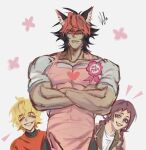  1girl 2boys a-cing_(zenless_zone_zero) a-yuet_(zenless_zone_zero) animal_ears apron broad_shoulders colored_bangs commentary dog_boy dog_ears gli767 grin highres komano_manato multiple_boys muscular muscular_male pink_apron smile standing zenless_zone_zero 