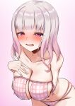  1girl absurdres bare_shoulders bikini blush breasts cleavage collarbone commentary_request eyepatch_bikini highres huge_breasts leaning_forward long_hair mole mole_on_breast multiple_moles navel neko-suki_kenshuu_neko nijisanji open_mouth pink_background pink_bikini pink_eyes pink_hair plaid_bikini plaid_clothes sagging_breasts shiina_yuika shiina_yuika_(6th_costume) skindentation smile solo stomach swimsuit thighs virtual_youtuber 