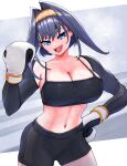  1girl absurdres black_bra black_shorts blue_eyes blue_hair boxing_gloves bra breasts cleavage commentary detached_sleeves english_commentary fangs gloves hair_intakes hairband highres hololive hololive_english large_breasts looking_at_viewer medium_hair midriff navel open_mouth orange_hairband ouro_kronii shorts solo spaghetti_strap sports_bra standing underwear virtual_youtuber yodogama 