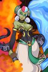  1girl absurdres bare_shoulders black_leotard breasts cleavage closed_mouth colored_skin detached_sleeves earrings fire gerudo green_skin grey_hair highres holding ice jewelry large_breasts leotard lips long_hair makeup missandydandy orange_eyes pants pointy_ears smile solo the_legend_of_zelda the_legend_of_zelda:_ocarina_of_time twinrova twintails white_pants 