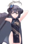  1girl absurdres arm_up black_dress black_hair blue_archive border braid braided_bun breasts butterfly_hair_ornament chinese_clothes closed_mouth coat commentary cowboy_shot dot_nose double_bun dragon_print dress dressing expressionless grey_eyes grey_halo hair_bun hair_ornament halo highres jacket kisaki_(blue_archive) lapels legs_together long_hair looking_to_the_side no_panties print_dress qipao sidelocks simple_background sleeveless sleeveless_dress small_breasts solo standing striped_clothes striped_coat striped_jacket tangsuyook twintails vertical-striped_clothes vertical-striped_coat vertical-striped_jacket very_long_hair white_background 