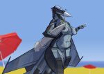 aeromorph aircraft anthro beach biped breasts fangs female gesture hand_gesture hi_res living_aircraft living_machine living_vehicle machine metallic_body navel nipples nude sand sea smile solo teeth toothy_grin top_kek_m9 umbrella v_sign vehicle water wings