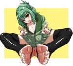  1boy :d areola_slip black_thighhighs blush border breasts butterfly_sitting collarbone commentary_request double_finger_gun eiji_(eiji) feet finger_gun folded_ponytail foot_focus foot_pussy foreshortening full_body furrowed_brow green_hair green_jacket hair_between_eyes hair_intakes half_updo head_tilt highres invisible_floor jacket latex latex_thighhighs looking_at_viewer male_focus medium_breasts no_shoes open_mouth otori_tan outside_border partially_open_jacket partially_unzipped pectorals pointing pointing_at_viewer red_eyes seitokai_ni_mo_ana_wa_aru! shiny_clothes sidelocks simple_background sitting skindentation smile soles solo stirrup_legwear thighhighs toeless_legwear toenails toes trap variant_set white_border yellow_background zipper zipper_pull_tab 