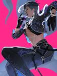  1girl a.k.i._(street_fighter) absurdres black_gloves black_shrug blue_lips breasts capcom chinese_clothes claw_ring cocktail cocktail_glass commentary_request cup doshidenamae drinking_glass east_asian gloves highres midriff navel official_alternate_costume pants print_pants round_eyewear scale_print short_hair shrug_(clothing) snake snake_print solo street_fighter street_fighter_6 undercut white_snake 
