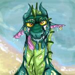 1:1 2016 ambiguous_gender dragon ear_piercing ear_ring elllepie european_mythology feral fin green_body green_scales hi_res horn long_neck looking_at_viewer markings mythological_creature mythological_scalie mythology orange_eyes piercing ring_piercing sand scales scalie seawing_(wof) solo tongue tongue_out water western_dragon wet wet_body wings_of_fire yellow_sclera