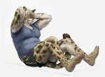 anthro barefoot belly bodily_fluids bottomwear brown_body cettus clay_bartelli clothed clothed_anthro clothed_male clothing clouded_leopard double_chin exercise fat_neck feet felid hair hair_over_eyes hands_behind_head hi_res leopard male male_anthro mammal markings moobs pantherine pawpads paws shirt shorts simple_background sit-up sitting slightly_chubby slightly_chubby_anthro slightly_chubby_male solo spots spotted_body sweat tan_body thick_neck thick_thighs topwear white_background workout