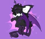 absurd_res after_transformation ambiguous_gender black_body black_fur digital_media_(artwork) dizzymilky female_(lore) fur hi_res hybrid implied_transformation long_teeth looking_at_viewer looking_back mammal markings mouse murid murine purple_background purple_markings purple_wings rodent simple_background slightly_chubby solo solo_focus white_body white_fur wings