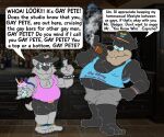 allcaps anthro badger barefoot belt belt_buckle black_body black_clothing black_fur black_hat black_headwear black_nose blue_clothing blue_sclera blue_shirt blue_tank_top blue_topwear bottomwear boxer_briefs bruce_(brucebadger) brucebadger buckle cigar claws clothing dessert dialogue disney domestic_cat duo english_text feet felid feline felis food fur gay_bar grey_body grey_bottomwear grey_boxer_briefs grey_clothing grey_fur grey_shorts grey_underwear hat headgear headwear holding_food holding_ice_cream holding_object ice_cream inside leather_bar male mammal mustelid musteline pete_(disney) pink_clothing pink_shirt pink_tank_top pink_topwear purple_text rainbow_wristband sharp_teeth shirt shirt_tucked_in shorts smoking smoking_cigar tank_top teeth teeth_showing text topwear underwear