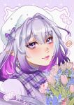  1girl alternate_costume artist_name beret border bouquet bow_hairband candy castorice_(honkai:_star_rail) casual checkerboard_cookie closed_mouth colored_inner_hair commentary cookie double-parted_bangs english_commentary eyeshadow flower food gradient_hair grey_hair hair_between_eyes hairband hat heart holding holding_bouquet honkai:_star_rail honkai_(series) kairiwhisper lipstick looking_at_viewer makeup medium_hair multicolored_hair outside_border pink_eyeshadow pink_flower pink_lips pink_tulip plaid_clothes plaid_hairband plaid_scarf pointy_ears portrait purple_border purple_eyes purple_hair purple_hairband purple_scarf scarf signature smile solo tulip white_background white_hat 